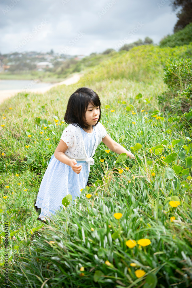 ビーチのお花畑にいる女の子 ビーチのお花畑にいる女の子