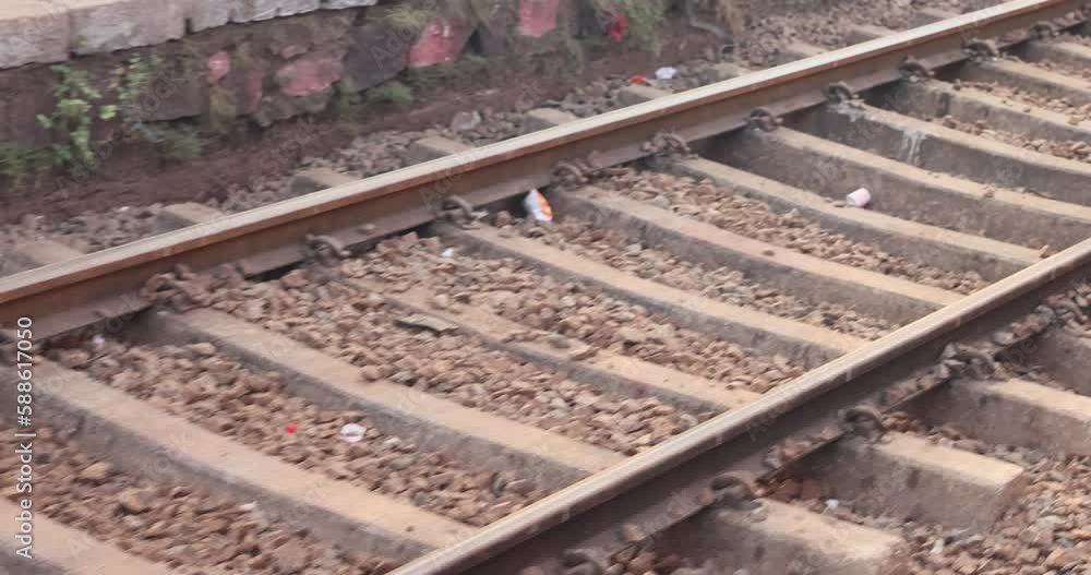 View on railroad track from the window of fast train. Bullet train rides View on railroad track from the window of fast train. Bullet train rides