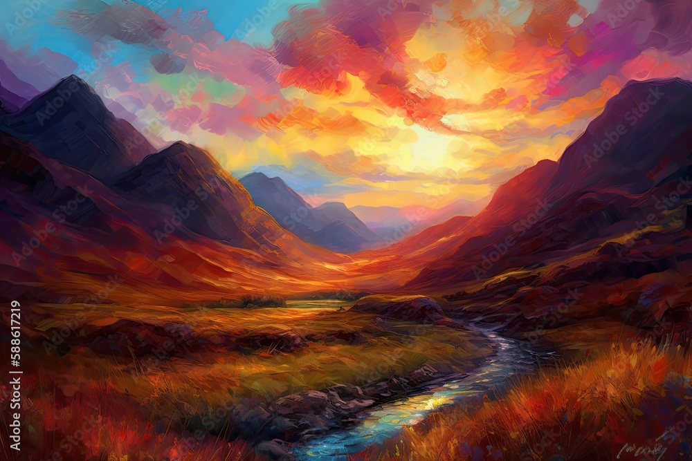 The Three Sisters in Glencoe Valley painted in oil painting style, generative ai