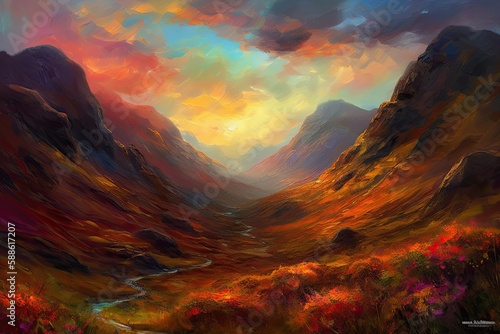 The Three Sisters in Glencoe Valley painted in oil painting style, generative ai
