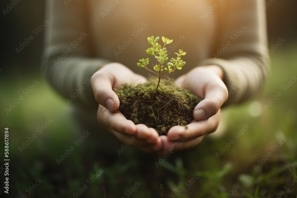 Fototapeta premium Environment Earth In the hands of trees growing seedlings, AI Generative