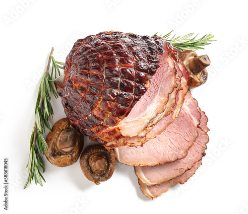 Tasty smoked ham with rosemary and grilled mushrooms isolated on white background