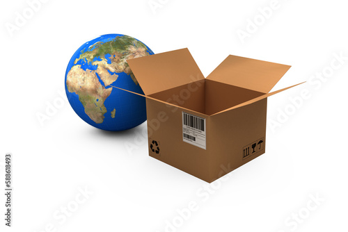 Planet earth and brown cardboard box