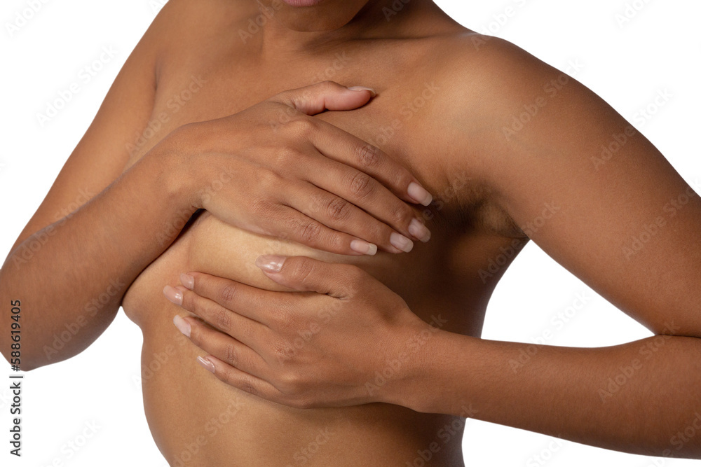 Fototapeta premium Woman standing shirtless for breast cancer awareness against white background