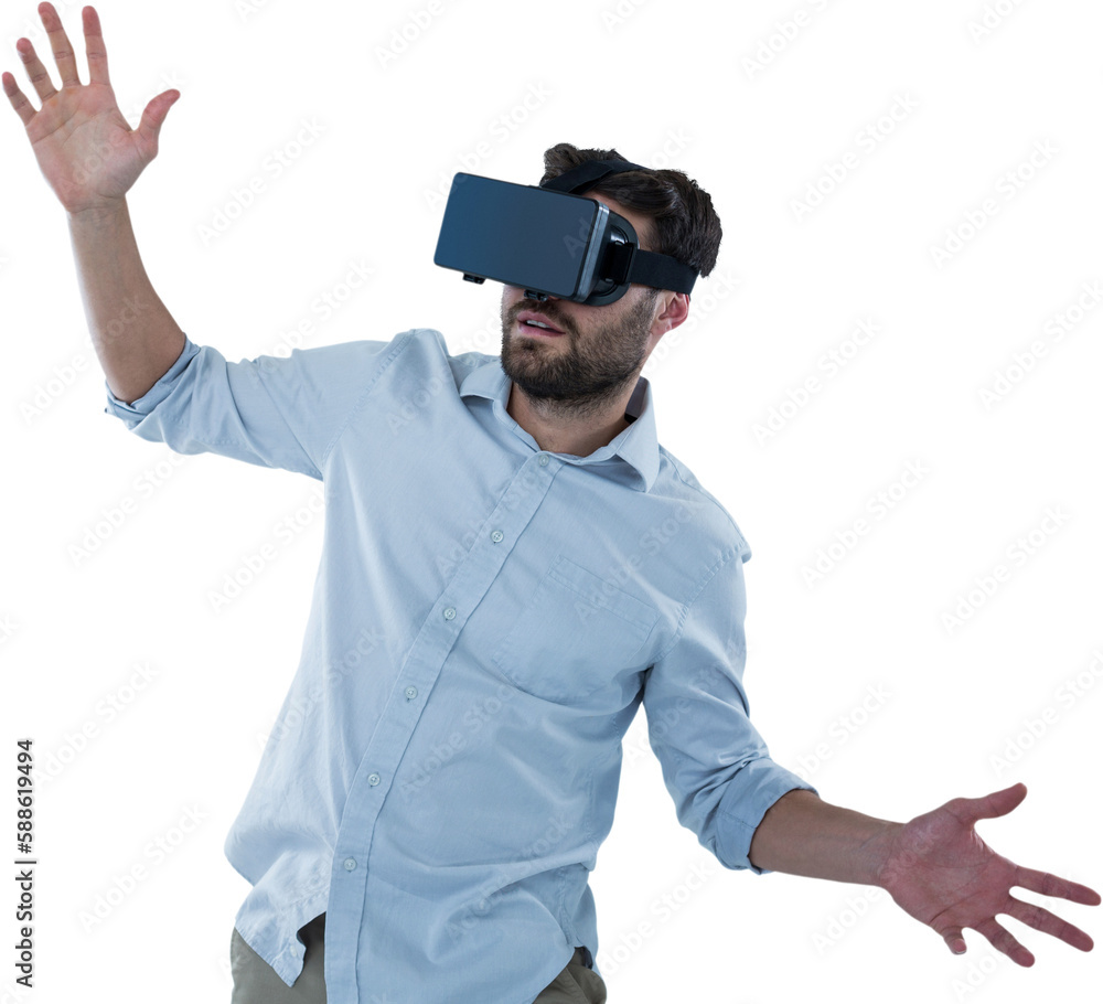 Happy male using oculus rift headset Happy male using oculus rift headset