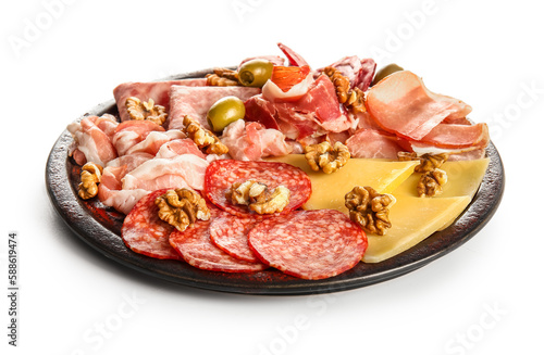 Plate with assortment of tasty deli meats and cheese isolated on white background