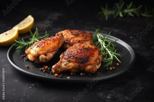 Grilled chicken legs with spices on a black plate on a stone background with copy space for your text