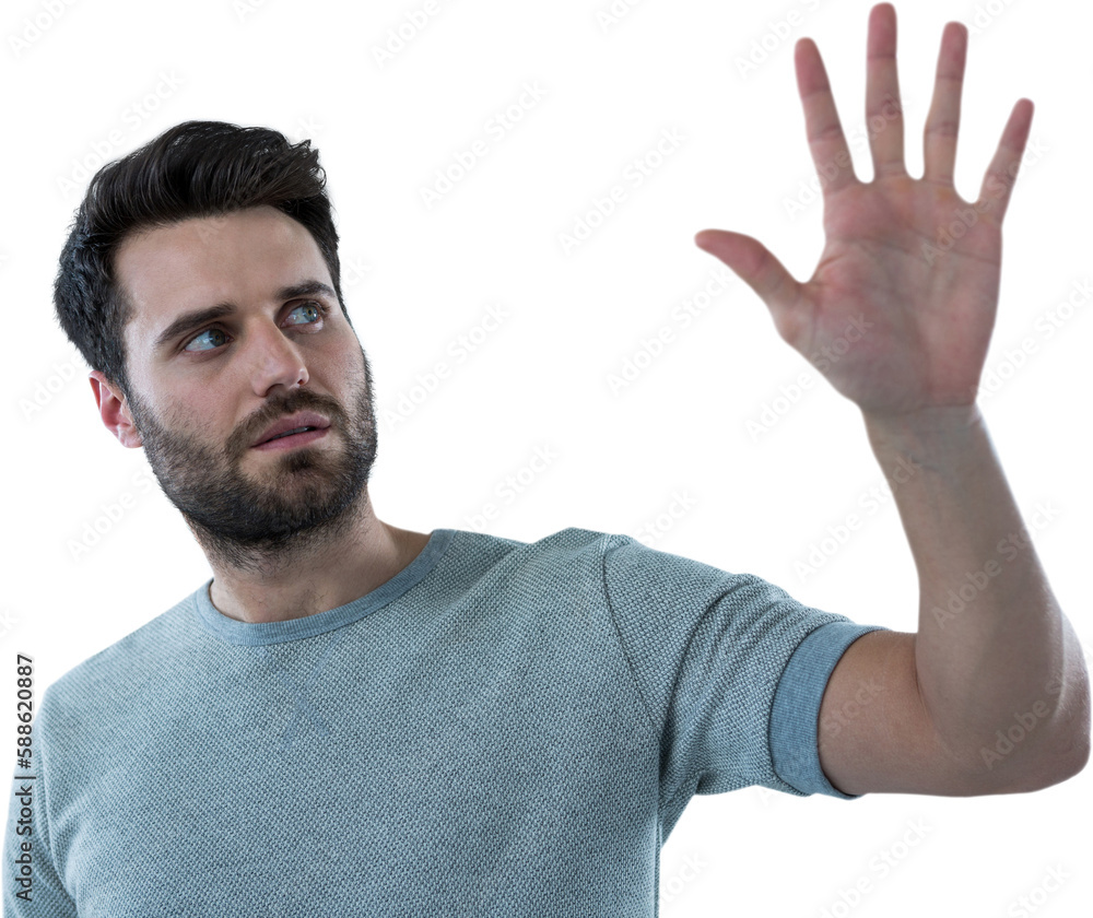 Man touching invisible screen Man touching invisible screen