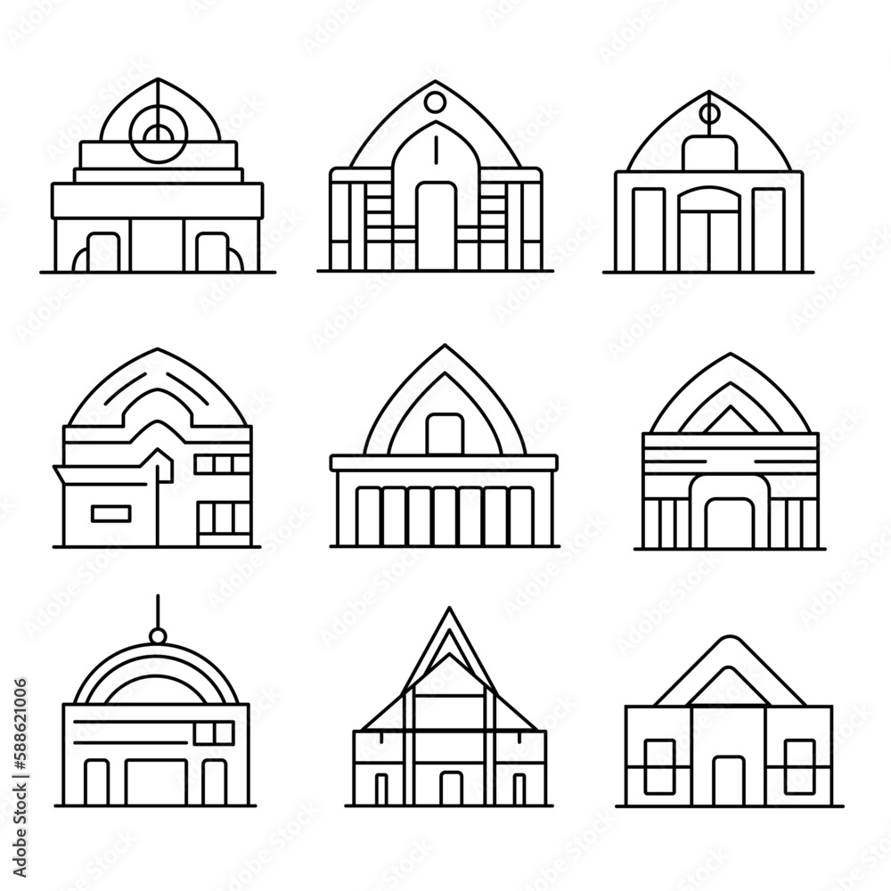 flat line icon dome church building temple outline vector. set of flat line icon dome church temple building outline vector. modern line icon dome church temple building