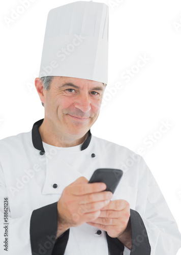 Portrait of happy chef holding cell phone