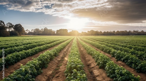 Sunlit green field of potato crops in a row. Generative AI