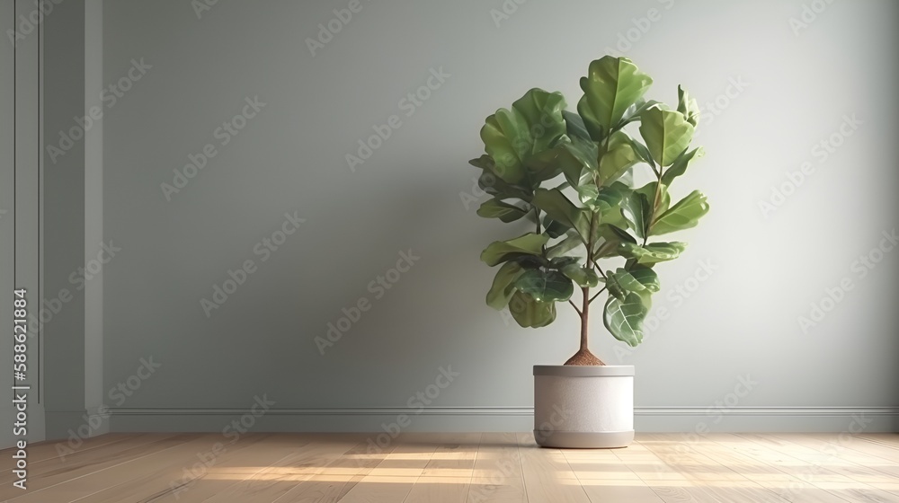 Clean blank sage green wall with tropical tree Clean blank sage green wall with tropical tree