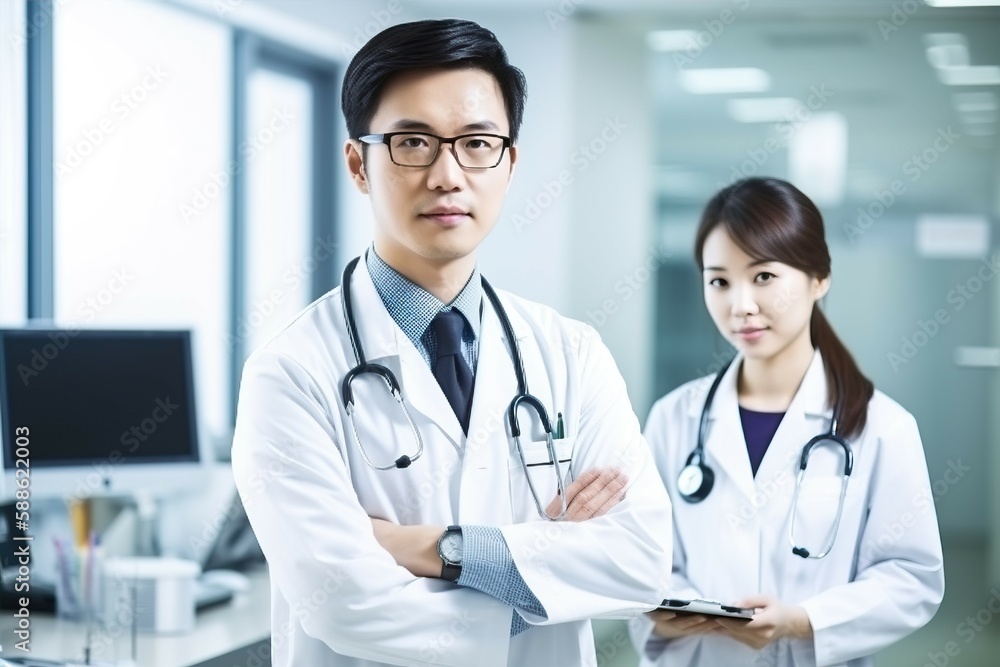 An image of a male doctor standing alongside a nurse in a hospital. AI-generated images An image of a male doctor standing alongside a nurse in a hospital. AI-generated images
