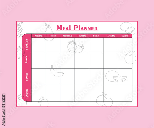 Simple blank meal planner template for one week, vector illustration, weekly schedule, diet meal plan