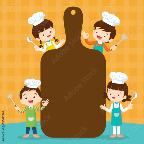Chef Kids Cooking class design template.Cute little chef cooking meal menu