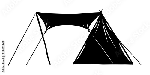 Hand drawn black tent silhouette, white background illustration.