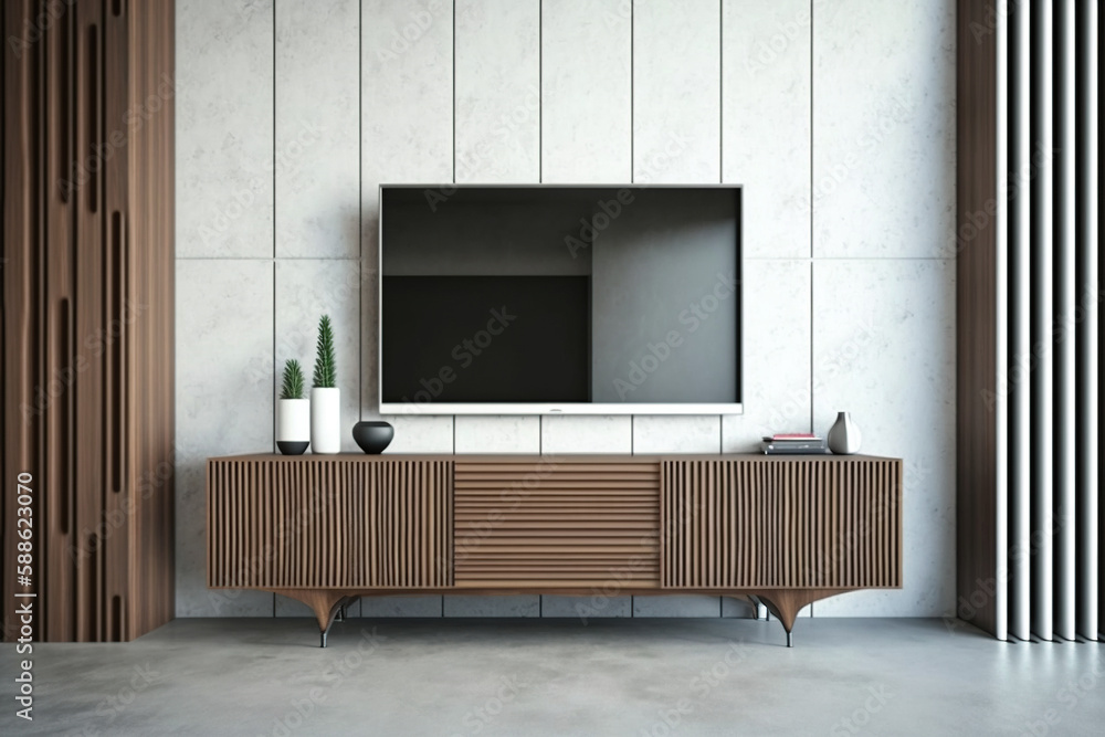 Fototapeta premium Television put on tv stand wood table, in minimal empty space luxury room background AI Generative 