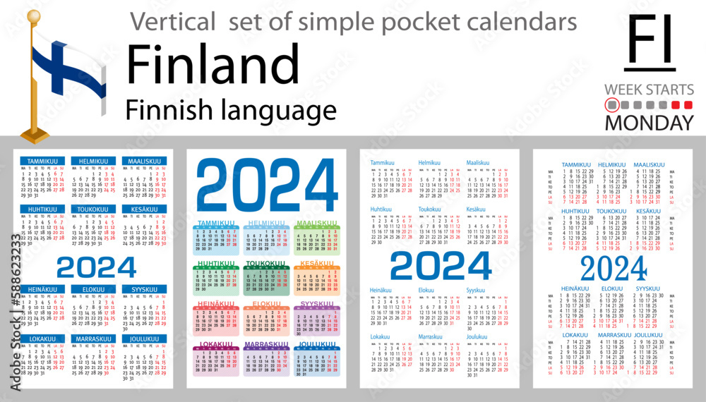 Finnish vertical set of pocket calendar for 2024. Week starts Monday