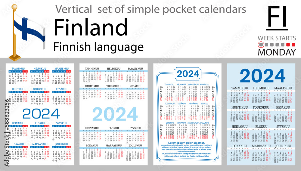 Vetor de Finnish vertical set of pocket calendar for 2024. Week starts