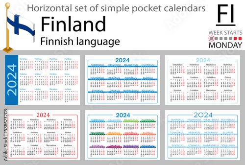 Finnish horizontal set of pocket calendar for 2024. Week starts Monday