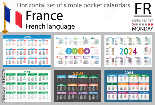 French horizontal set of pocket calendar for 2024. Week starts Monday