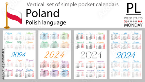 Polish vertical set of pocket calendar for 2024. Week starts Monday