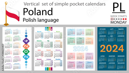 Polish vertical set of pocket calendar for 2024. Week starts Monday