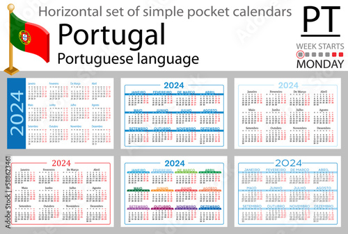 Portuguese horizontal set of pocket calendar for 2024. Week starts Monday