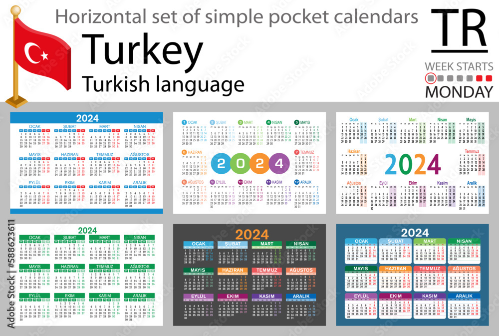 Turkish horizontal set of pocket calendar for 2024. Week starts Monday Turkish horizontal set of pocket calendar for 2024. Week starts Monday