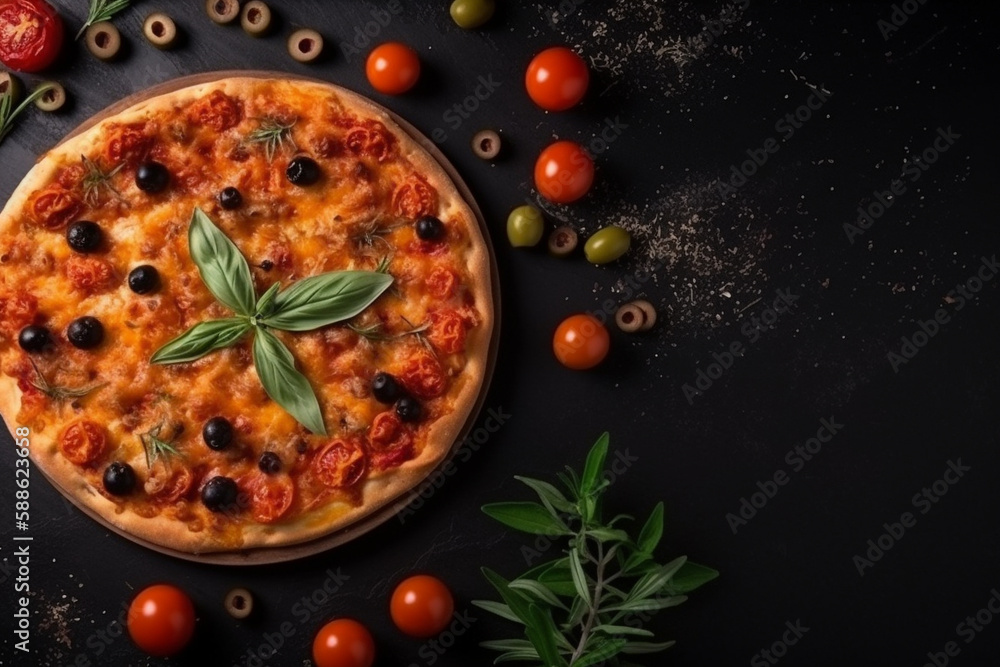 A set of pizza. On a black wooden background. Free space for text.
