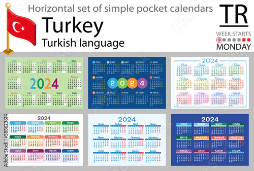 Turkish horizontal set of pocket calendar for 2024. Week starts Monday