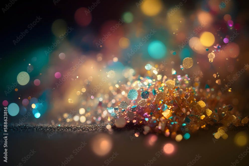 Abstract image of shining colorful glitters with bokeh effect, created using generative AI technology