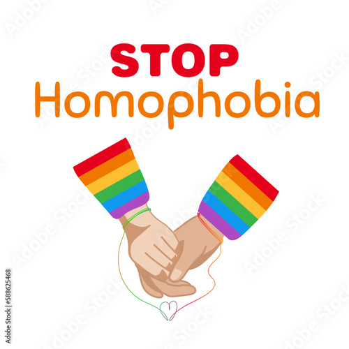 Rainbow stop sign with a hands and text Stop Homophobia for the International Day Against Homophobia. Without background, isolated, clip art.