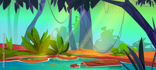 Swamp in jungle forest cartoon vector game background. Tropical scene with green water lake environment illustration. Fantasy bog with tree and liana, sunny summer day. Sunny amazon rainforest