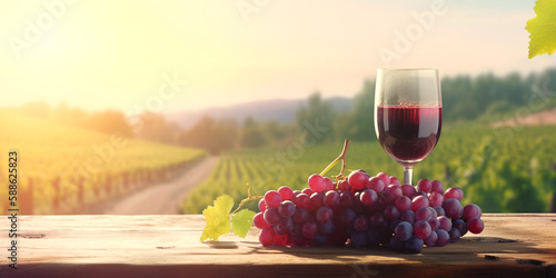 leuchtender Rotwein im Glas mit Weinrebe im Herbst, generative AI