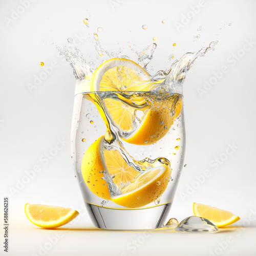 Wasserglas mit Wasser und Zitronenscheiben, generative AI photo