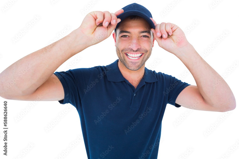 Fototapeta premium Smiling delivery man wearing cap on white background