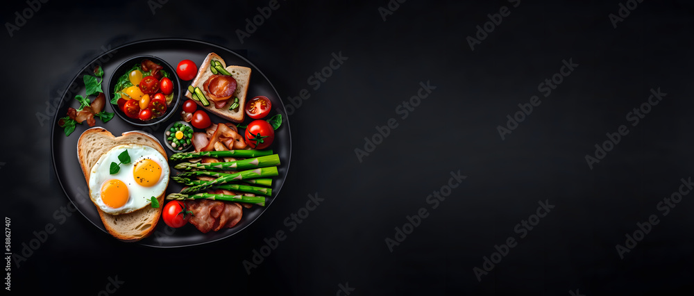 Breakfast or lunch with Fried egg, bread toast, green asparagus, tomatoes, and meat on a black plate top view, copy space, banner