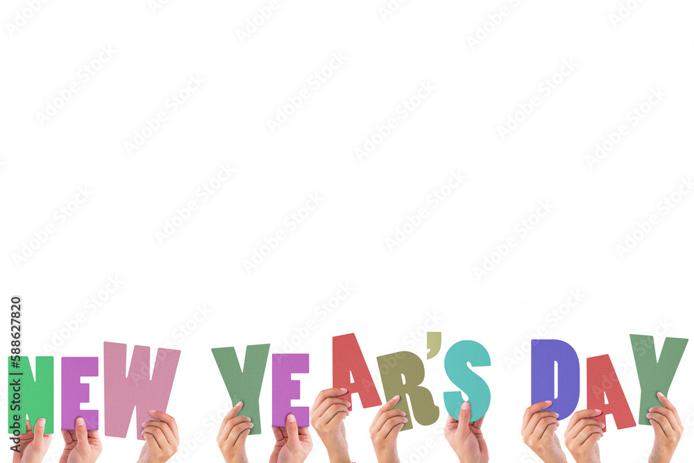 Colorful alphabet spelling new years day held up by people Colorful alphabet spelling new years day held up by people