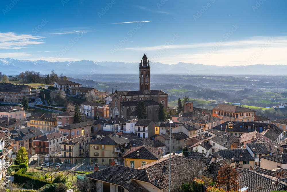 rooftops and church in the Italian Piedmont village of Montforte d'Alba