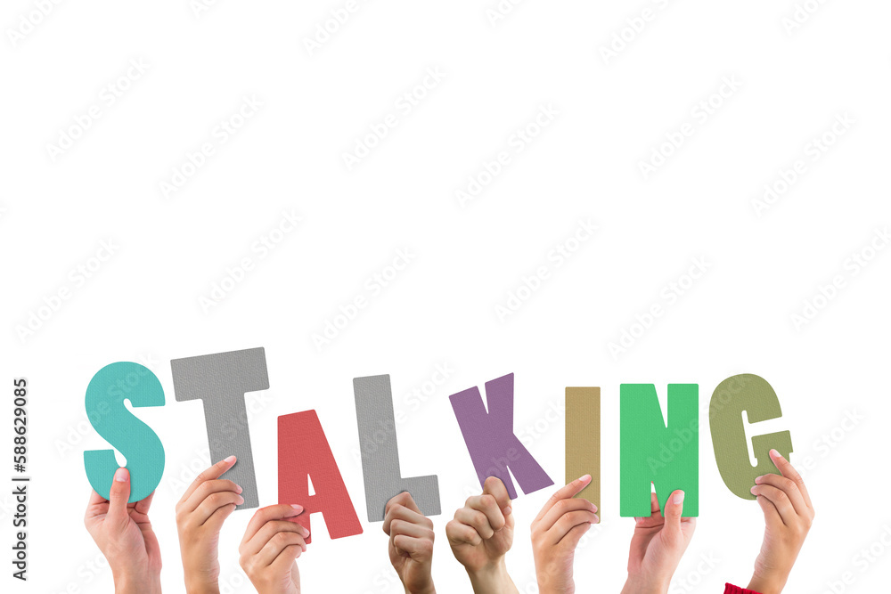 Fototapeta premium Colorful alphabet spelling stalking held up by people 