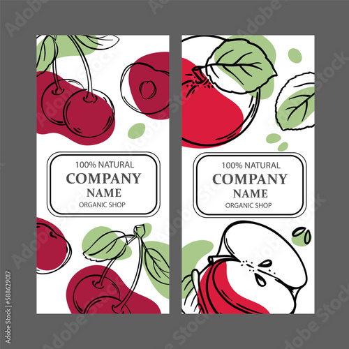 CHERRY AND RED APPLE Label Templates Design Of Stickers For Shop Of Tropical Organic Natural Fresh Juicy Fruits And Dessert Drinks In Vintage Vector Collection