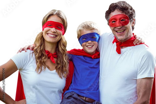 Portrait of cheerful family disguise as superhero together