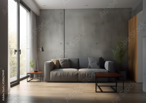 Detailed Modern Interior Design of Scandinavian Living Space, Grey leather sofa, concrete wall Generative AI © MAJGraphics