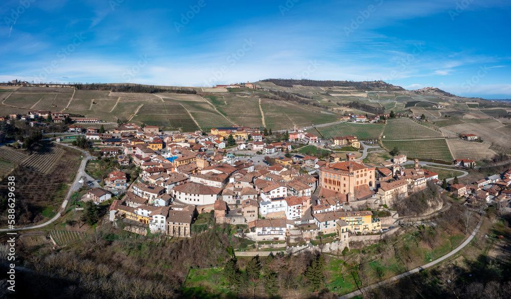 view of the village of Barolo and the surrounding vineyards in the Italian Piedmont