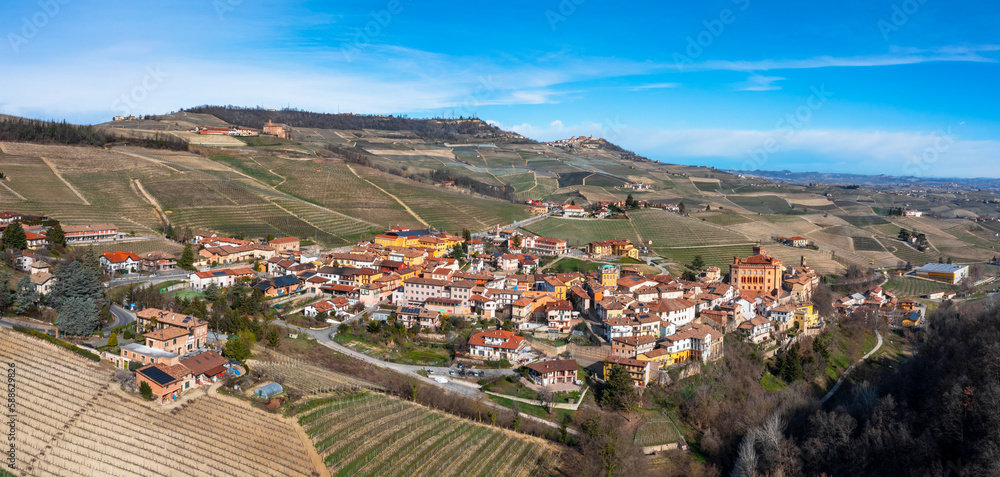 panorama view of the village of Barolo and the surrounding vineyards in the Italian Piedmont
