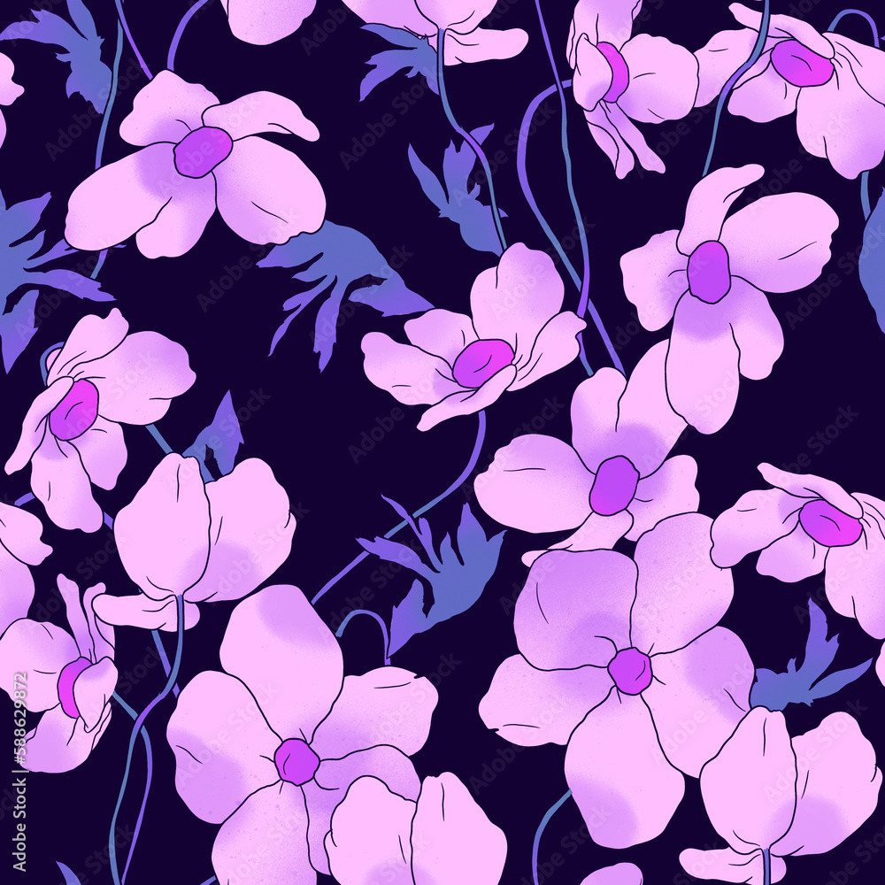 Seamless floral pattern with lilac and pink flowers with purple-blue leaves on black background.