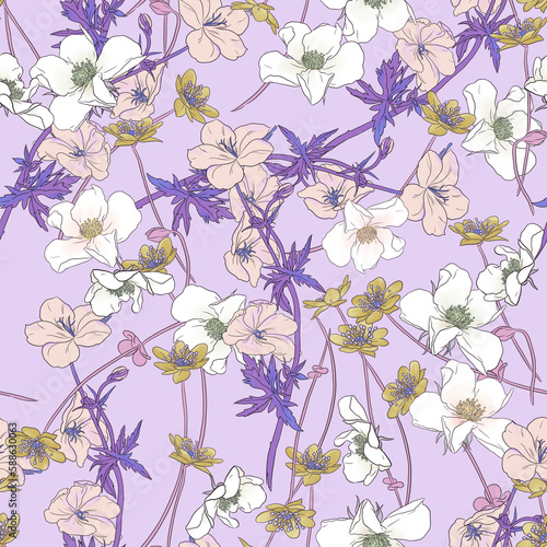 Seamless floral pattern with white rose hip flowers and different wildflowers on light lilac background