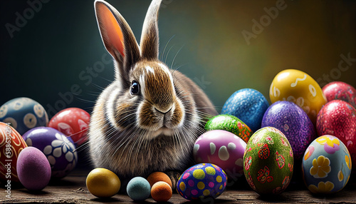 Happy Easter Bunny with many colorful easter eggs