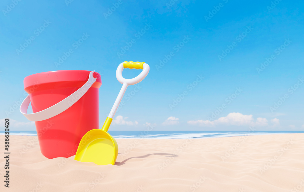 yellow shovel and red bucket on sandy beach yellow shovel and red bucket on sandy beach